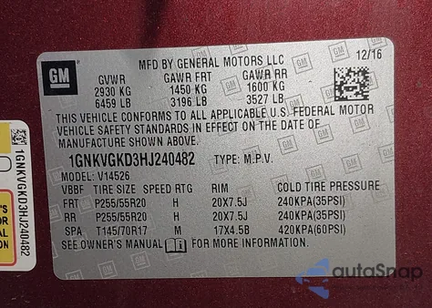 2017 Chevrolet Traverse 1Lt z USA, uszkodzony, nr VIN 1GNKVGKD3HJ240482